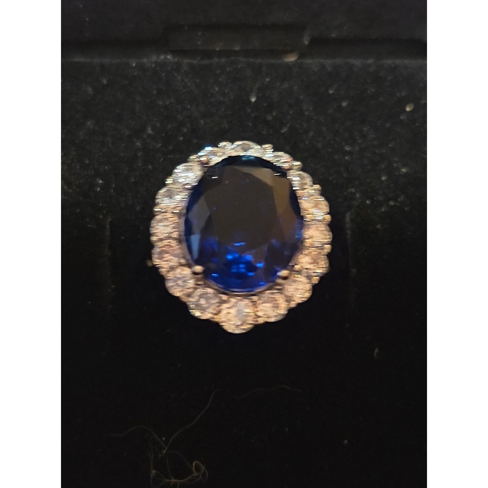 Princess Di Blue Oval Halo Statement Ring Silver Tone Adjustable Band